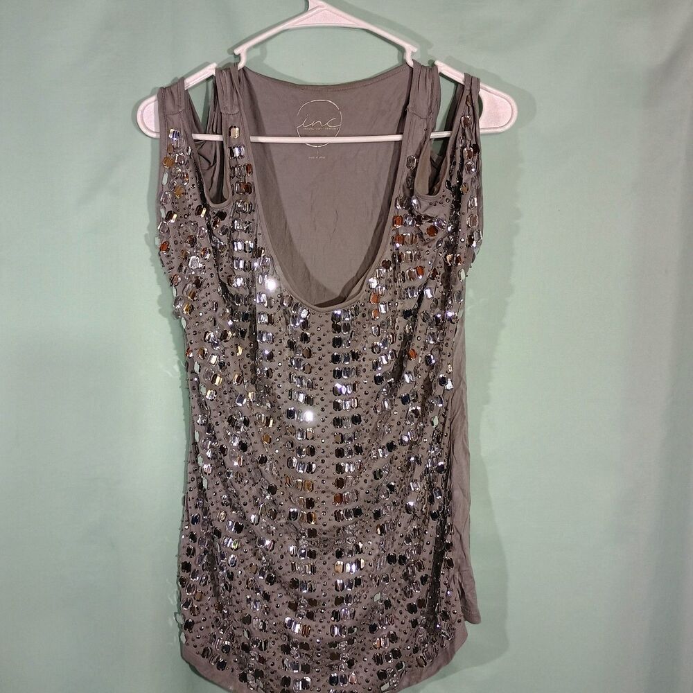 Women’s Sequin Tank Top – Silver Gray Sleeveless Party Club Sparkle Top